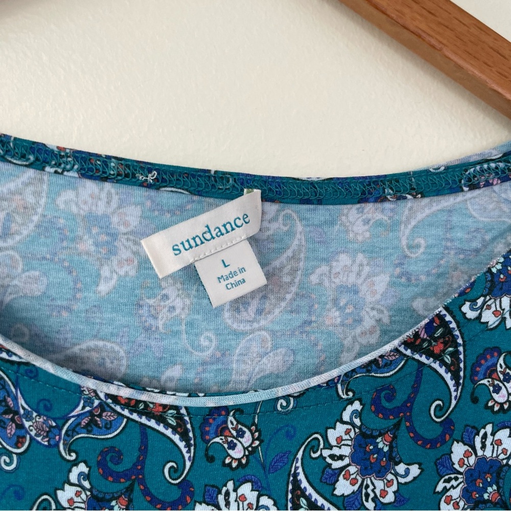 Sundance Paisley Print Sharrar Top Blue Grey L Large Floral Mixed Stitch Sleeve - Picture 8 of 9